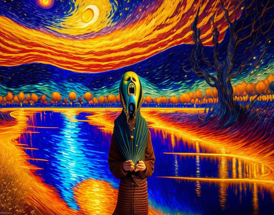 Surreal artwork blending "Starry Night" and "The Scream" in vibrant colors