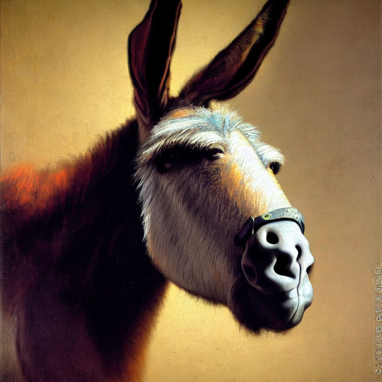 Hyperrealistic Drawing: Donkey with Gas Mask-Like Muzzle on Beige Background