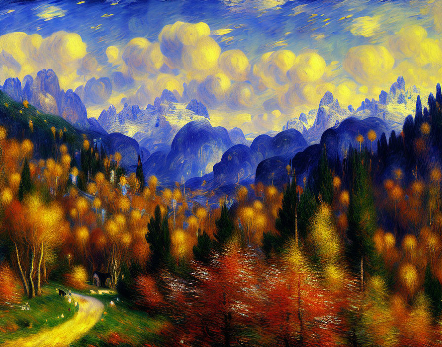 Colorful autumn landscape with swirling clouds, path, and blue mountains