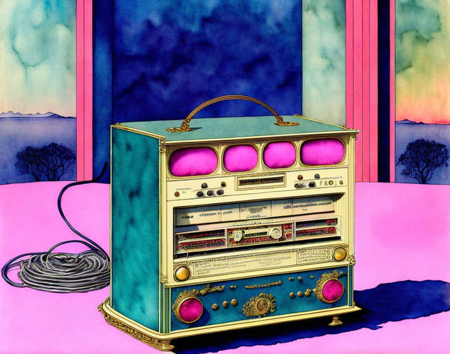 Colorful Vintage Radio Illustration on Surreal Landscape with Gold Accents