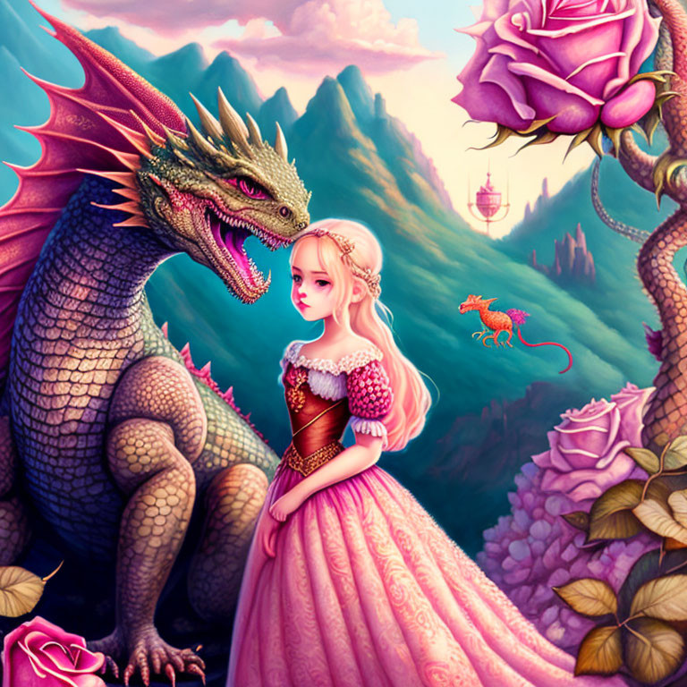 Princess in pink dress with dragons in fairytale scene