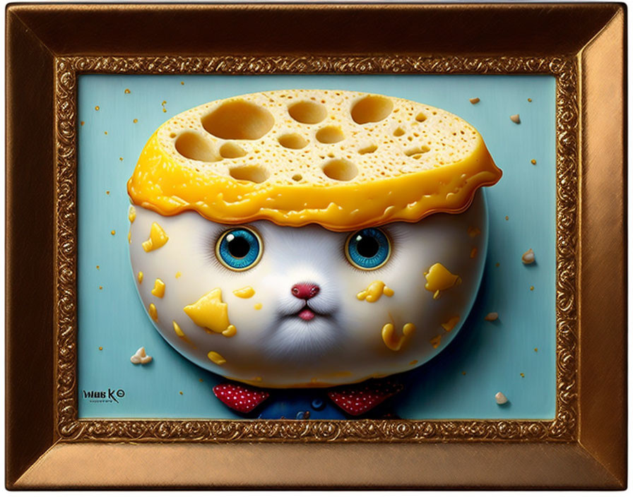 Whimsical cat portrait with blue eyes and cheese hat in gold frame