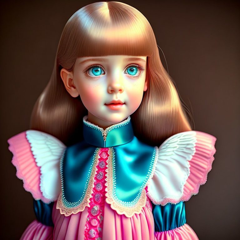 Hyperrealistic Doll with Big Blue Eyes and Blonde Hair in Pink and Blue Outfit