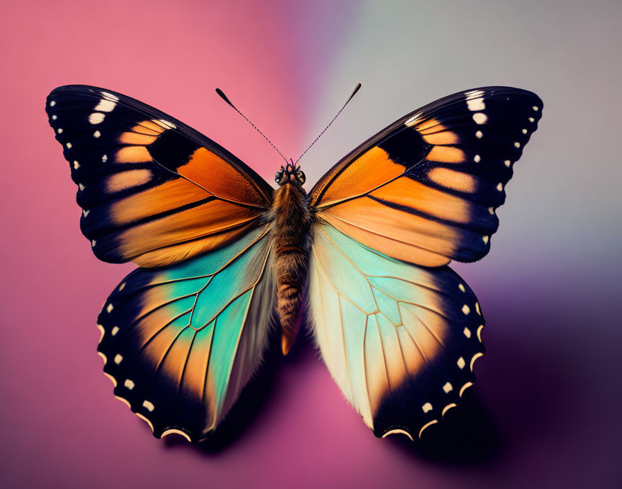 Colorful Butterfly with Orange, Black, and Blue Wings on Pink and Purple Background