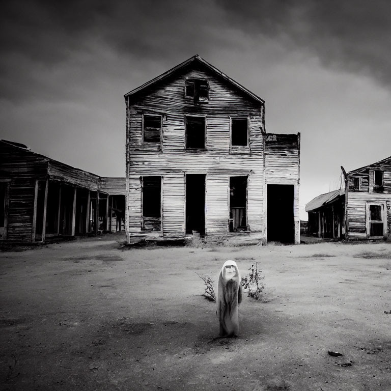 Monochrome image of eerie street with ghostly figure