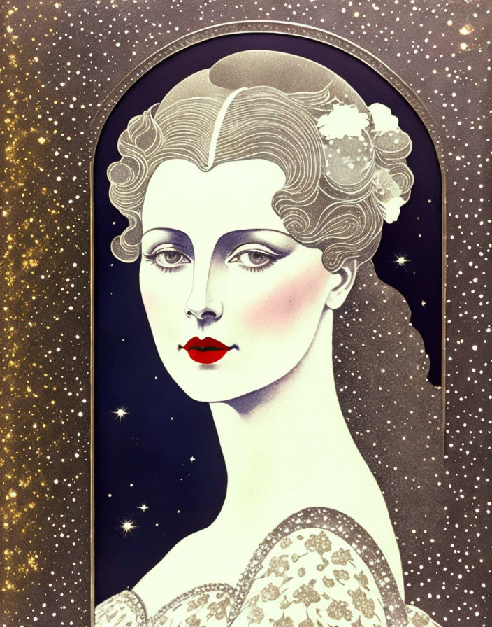 Woman with wavy hair and red lips in Art Nouveau-style illustration against starry background with orn