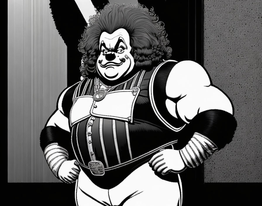 Monochrome drawing of a fierce, muscular clown in classic costume