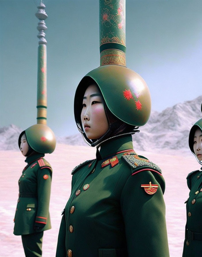 Three soldiers in green uniforms with decorative helmets in snowy landscape.