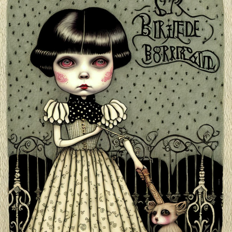 Pale girl in Victorian dress with axe & ornate title "Sr. Brighde Borrrand