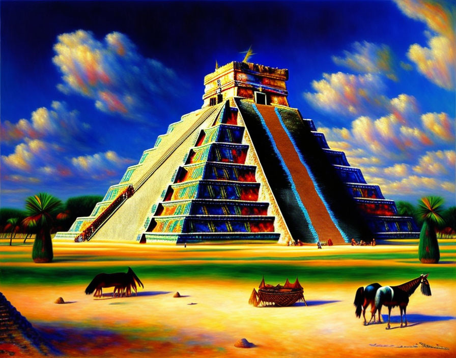 Surreal painting: El Castillo pyramid with horses and colorful sky