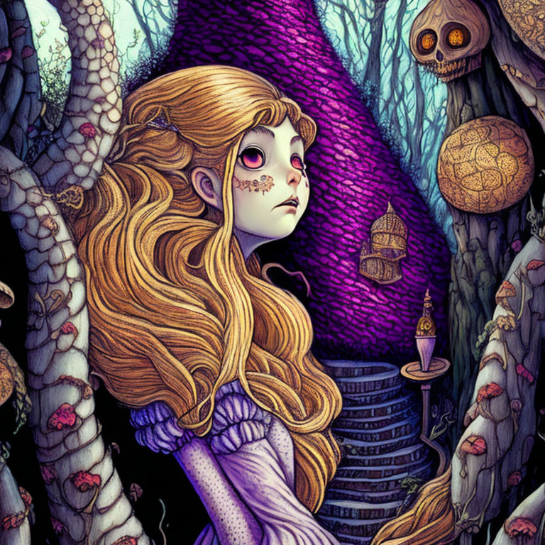 Illustration of girl with golden hair in whimsical fantasy forest