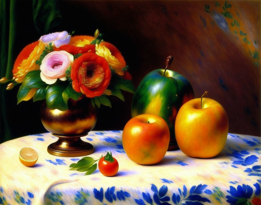 Colorful Flower Bouquet in Gold Vase with Fruits on Tablecloth