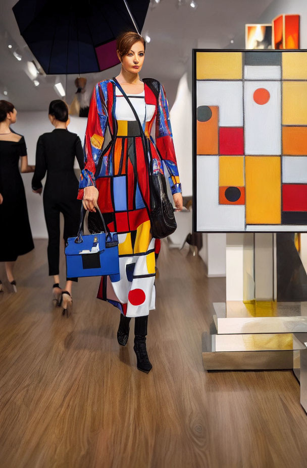 Woman in Colorful Geometric Dress at Art Gallery with Handbags