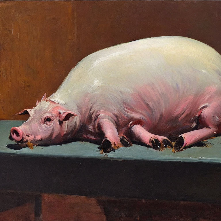 Realistic Painting of Large Pink Pig on Dark Surface