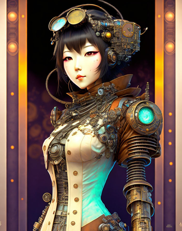 Steampunk-inspired female character with mechanical accessories and vibrant purple eyes on amber backdrop.