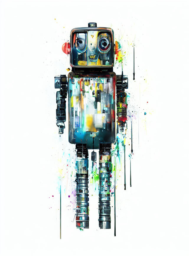 Abstract robot painting with colorful geometric shapes and paint drips