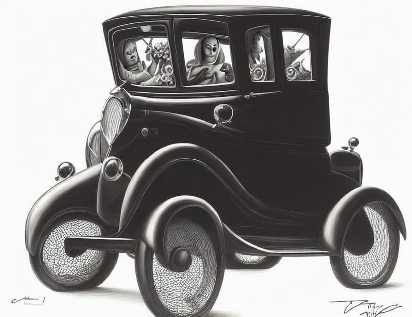 Monochrome illustration of whimsical characters in an old-fashioned car