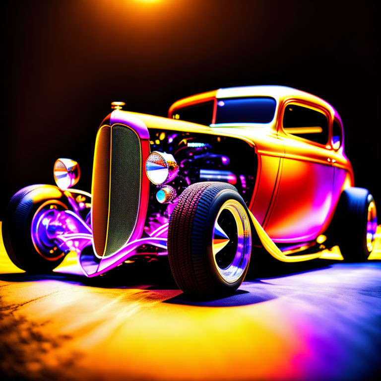 Classic Hot Rod with Orange Paint and Purple Underglow