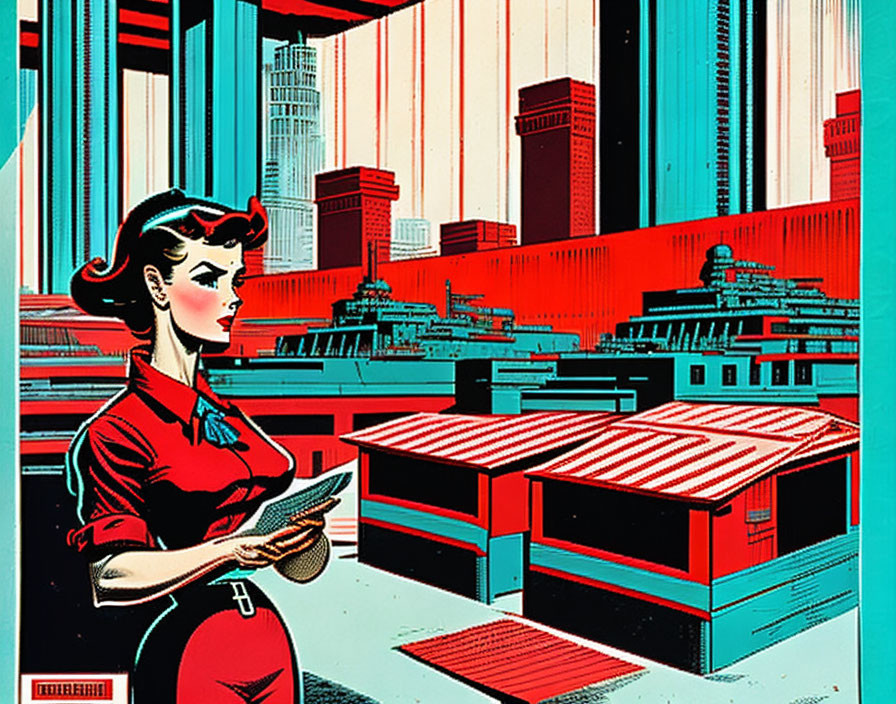 Retro-futuristic illustration of woman in red uniform with stylized skyscrapers