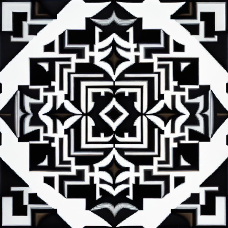 Symmetrical black and white kaleidoscopic geometric pattern