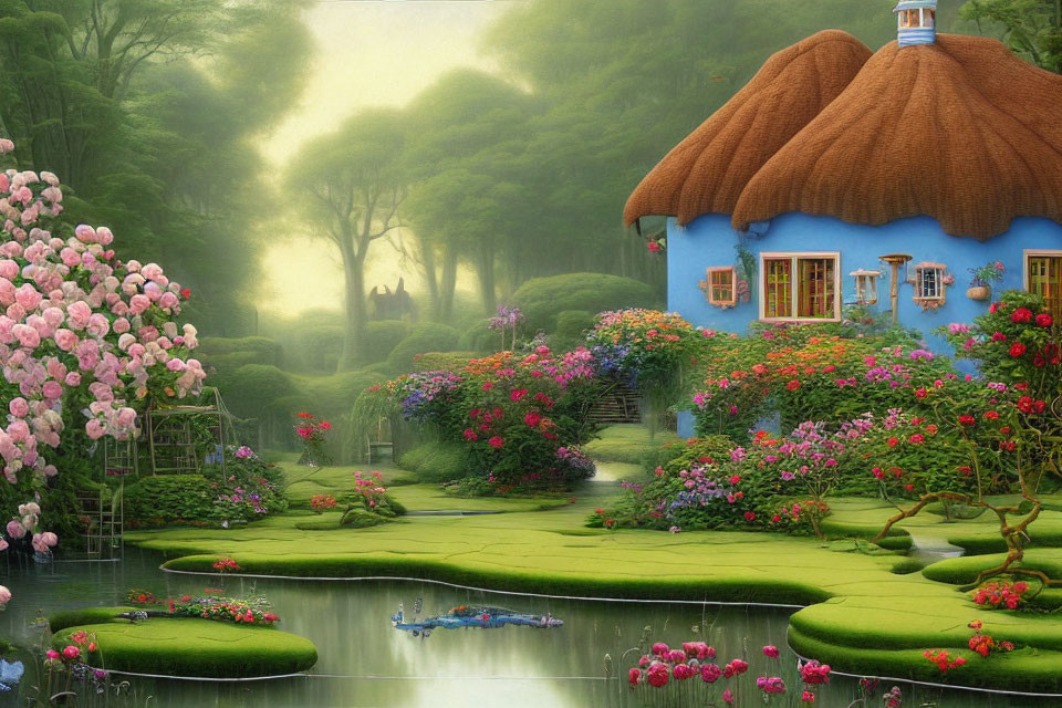 Thatched Roof Fairy Tale Cottage in Lush Garden