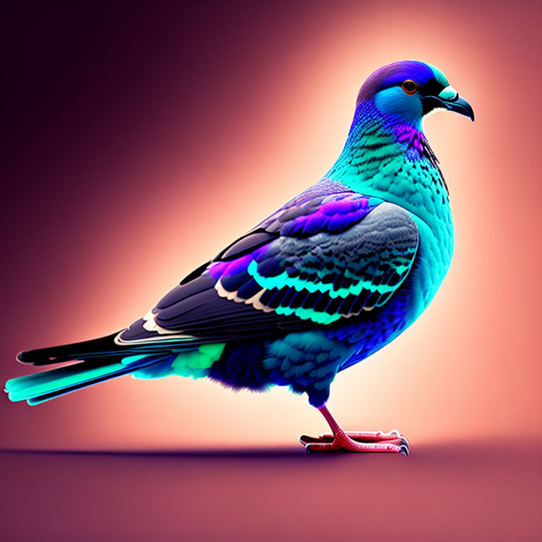 Colorful Iridescent Pigeon on Purple-Pink Background