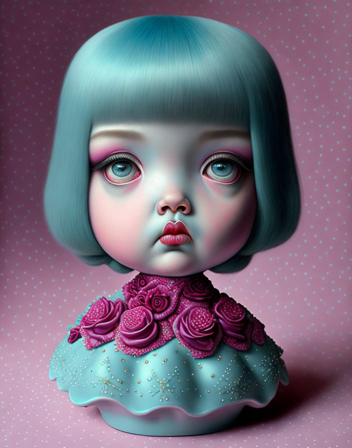 Stylized digital art: girl with expressive eyes, blue hair, pink and turquoise dress.