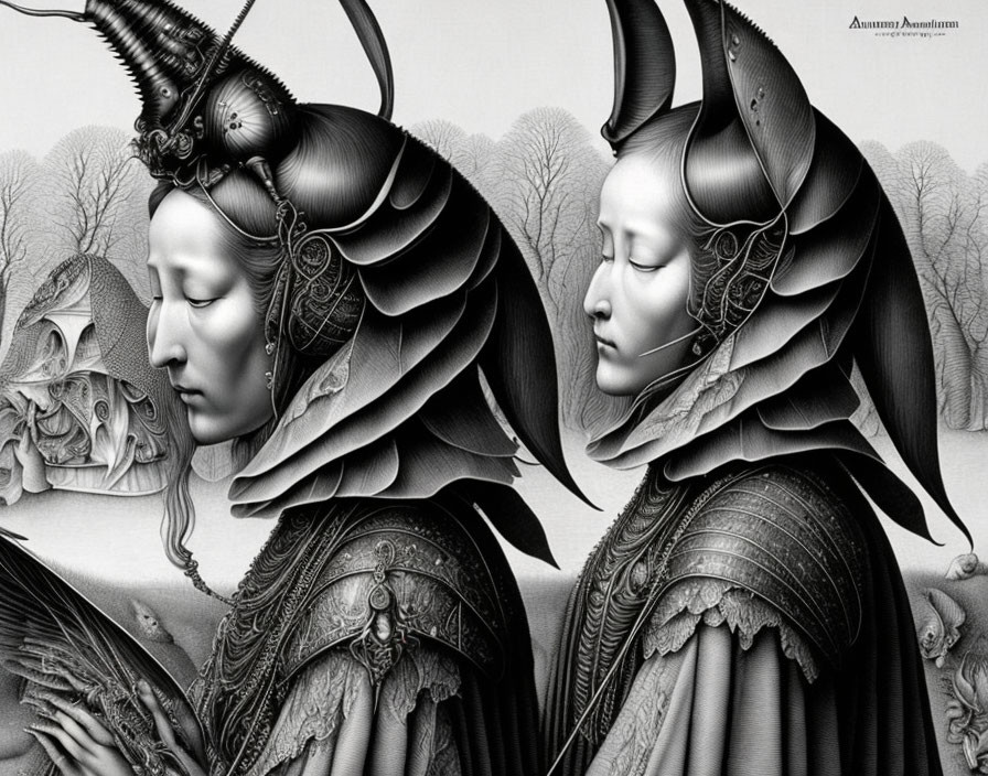 Monochrome artwork featuring ethereal female figures with ornate headdresses and armor