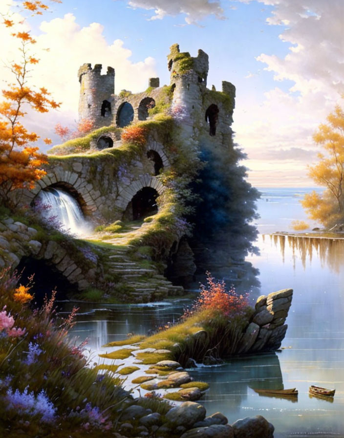 Tranquil landscape: stone castle, river, boat, lush foliage