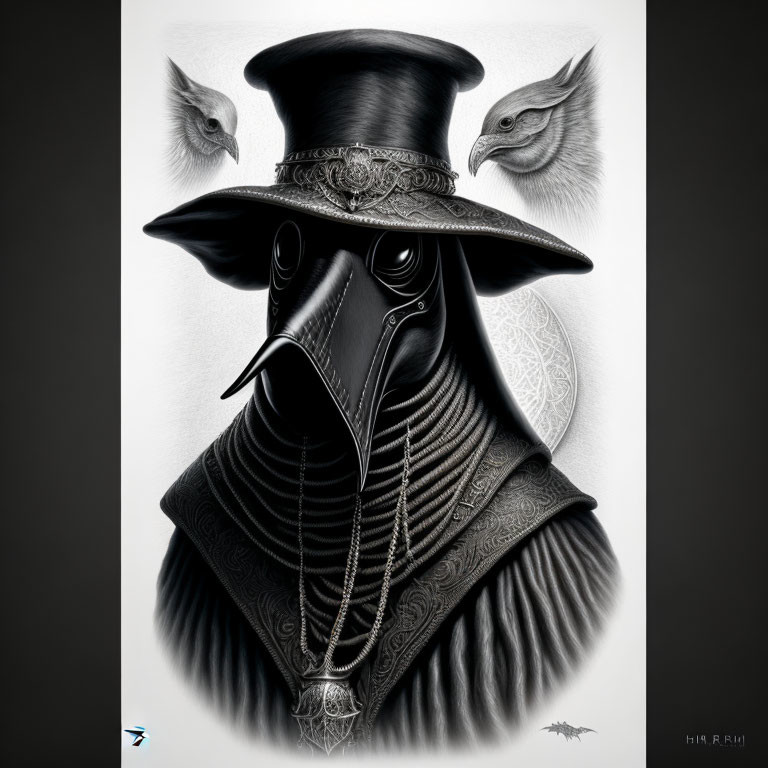 Plague Doctor Artwork: Beaked Mask, Top Hat, Neck Ruff, Raven Heads