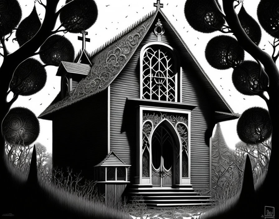 Detailed monochromatic gothic church illustration with stylized trees under dark sky