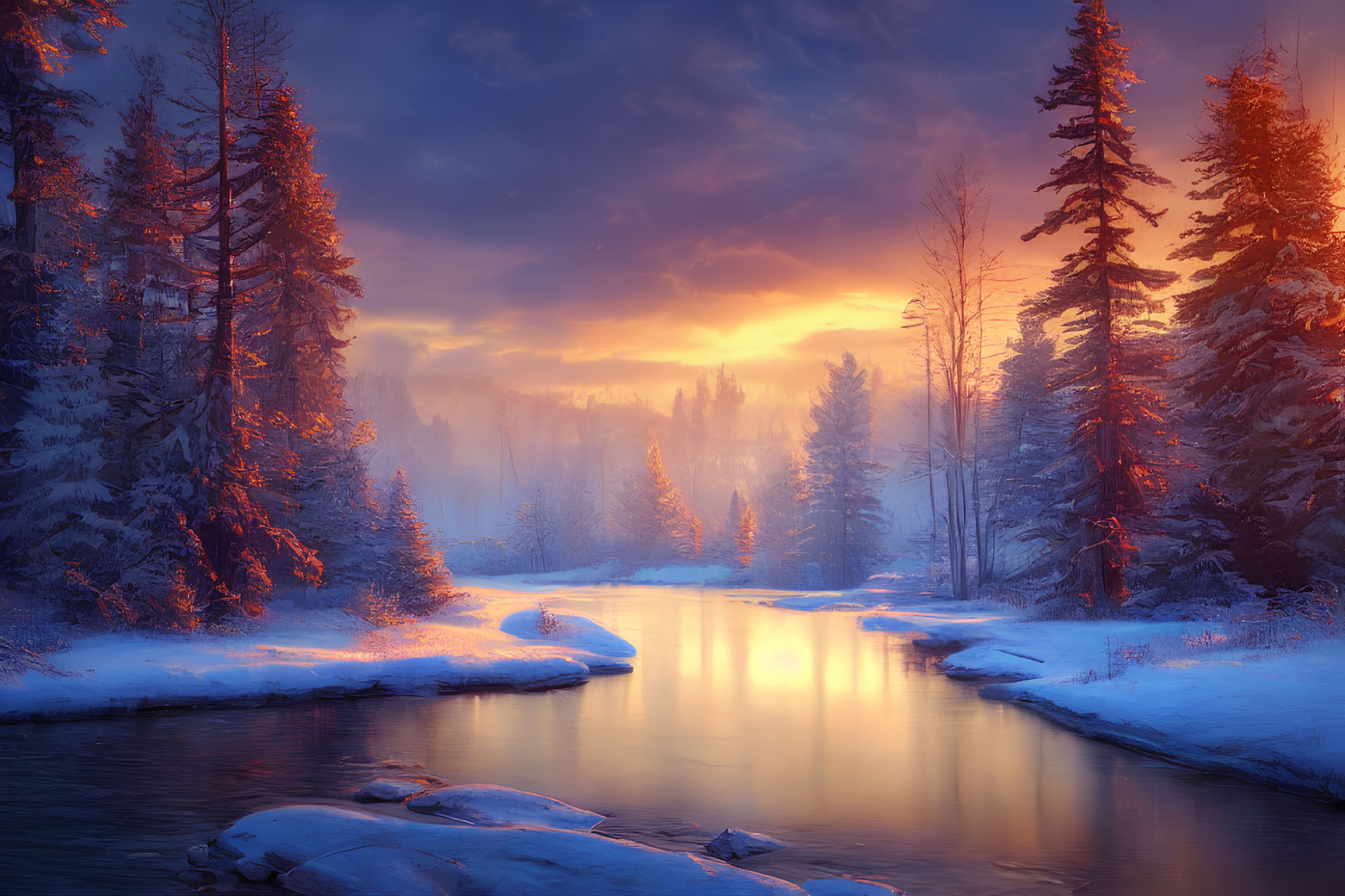 Snow-covered forest and stream at sunrise in a serene winter landscape