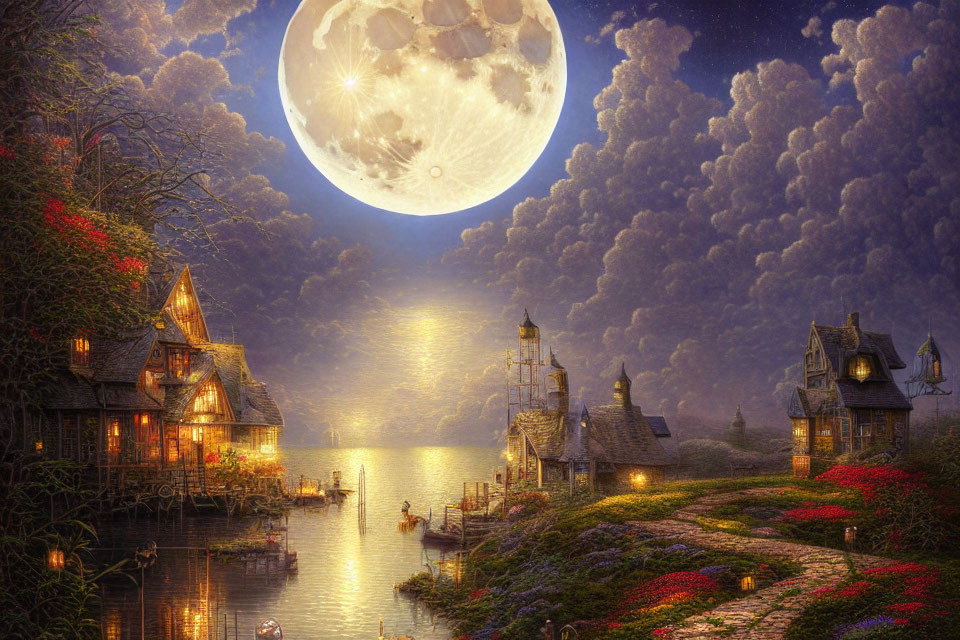 Enchanting fantasy village with glowing cottages by river under full moon