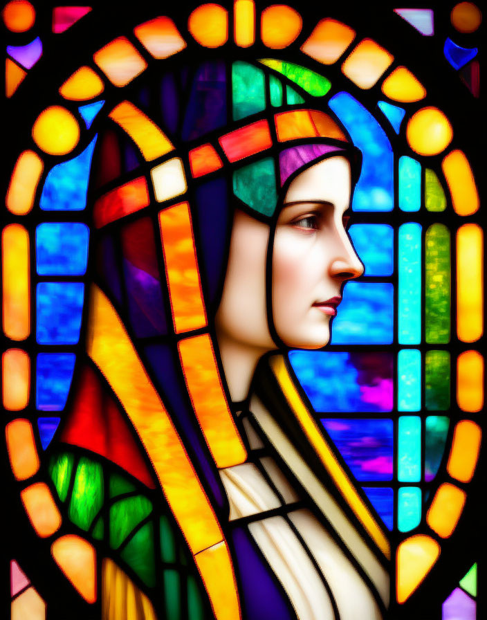 Colorful Stained Glass Portrait of Woman with Geometric Background