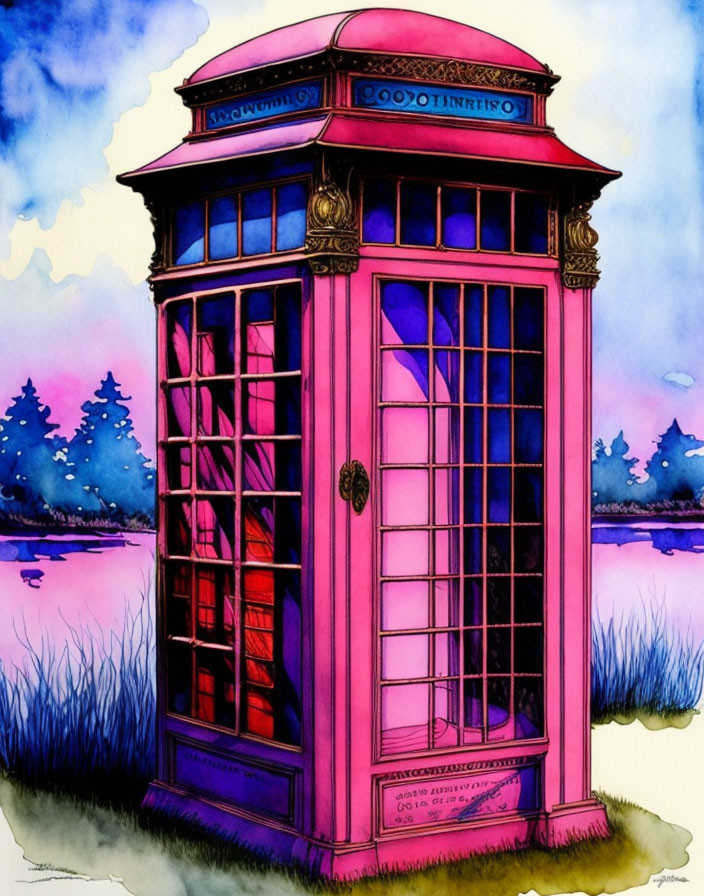 Pink British Phone Booth by Water with Trees Under Blue Sky