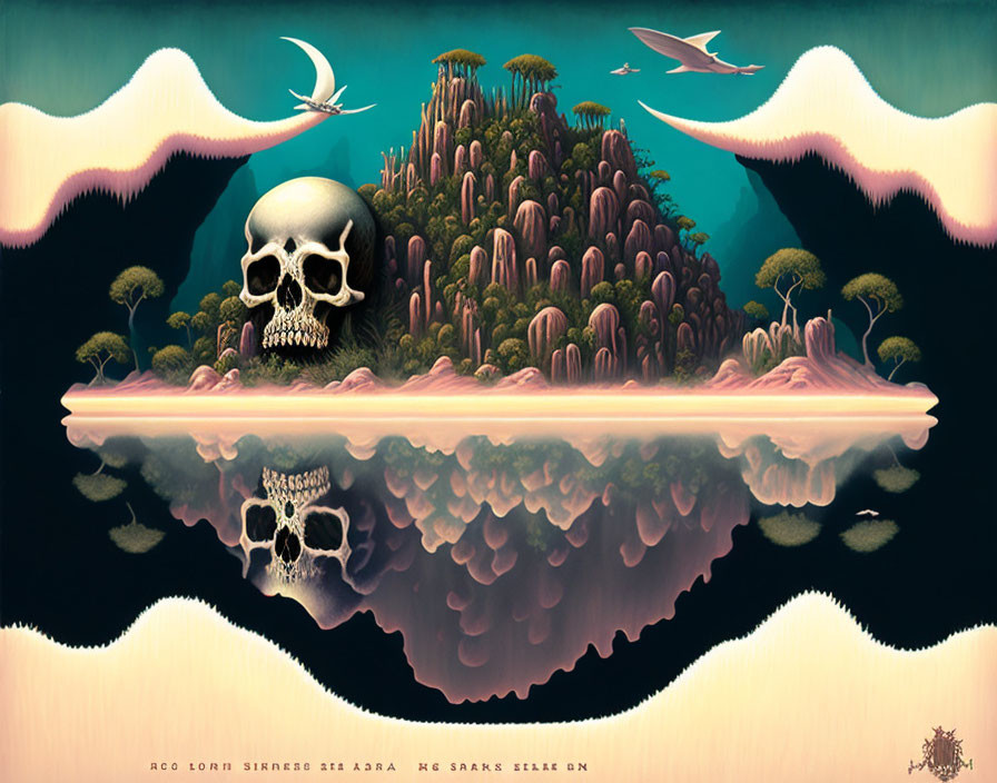 Surreal landscape with floating skull island and cryptic text