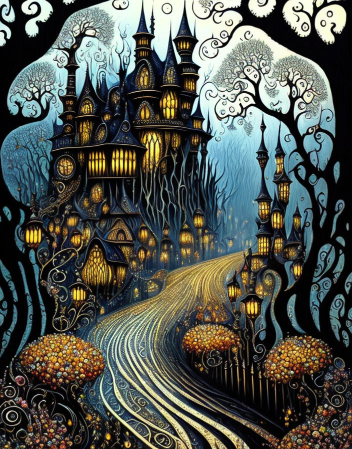 Gothic-style castle illustration in magical night forest