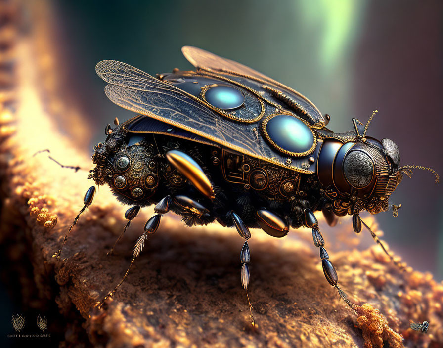 Mechanical insect artwork with gears on textured terrain