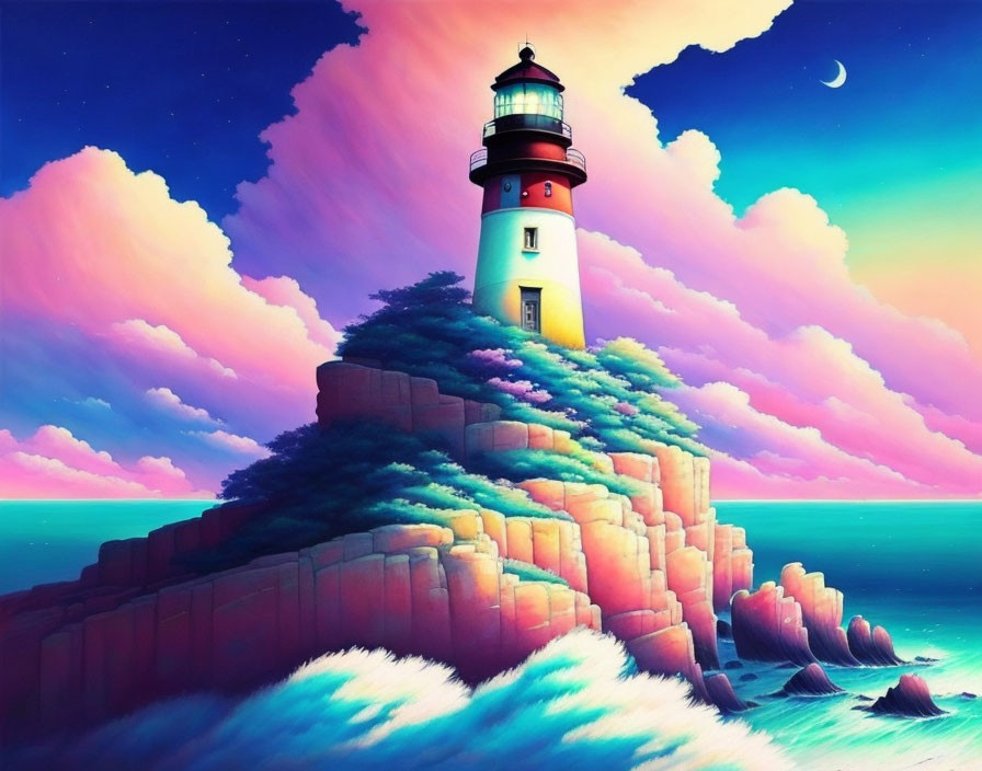 Colorful lighthouse illustration on cliff with moon, clouds, and waves