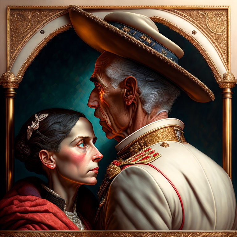 Detailed painting: older man in military attire & younger woman in red dress, gazing forward solemnly