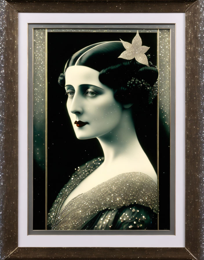 Vintage-styled woman with flower in hair: Art Deco aesthetics, starry motif