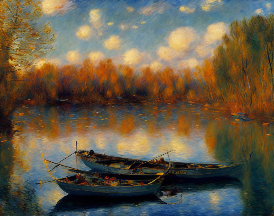 Tranquil river scene with moored boats, reflective water, and dense autumn trees.