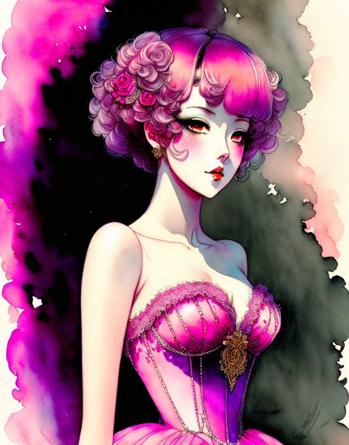 Stylized woman with pink hair and corset on pink and purple watercolor background