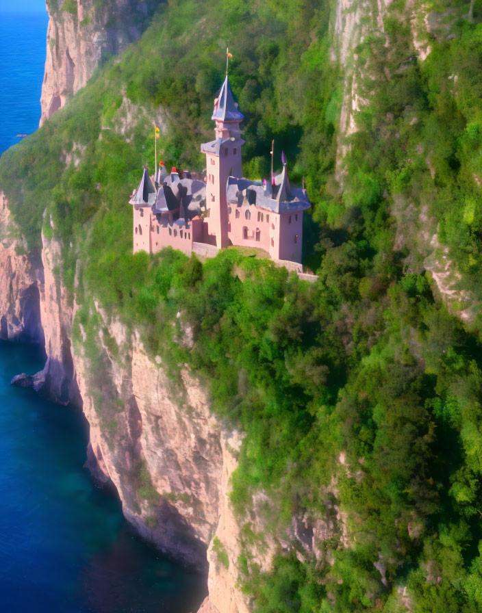 Castle with multiple turrets on lush cliffside above water