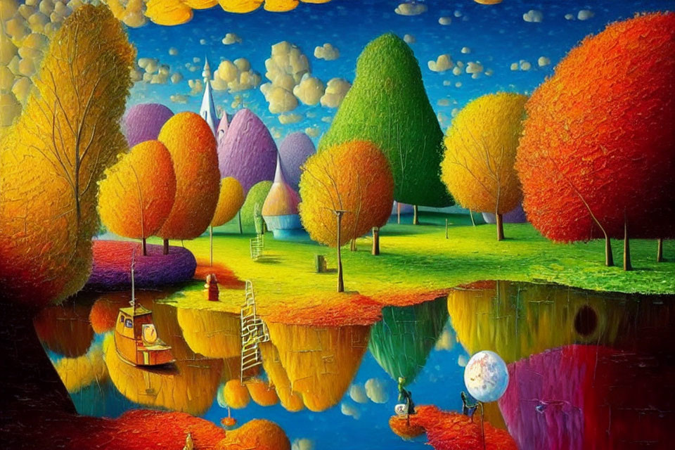 Colorful Landscape Painting: Surreal Autumn Trees Reflecting in Water