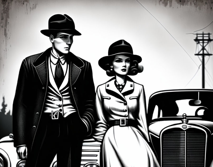 Monochrome 1940s fashion illustration with man and woman next to classic car