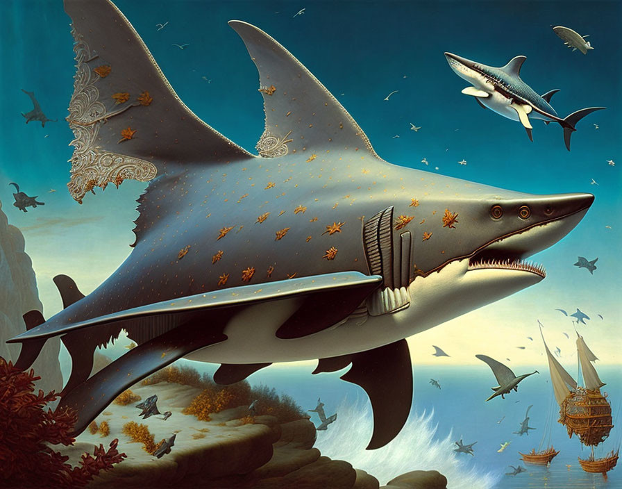 Surreal star-patterned shark with ornate fins in ocean scene