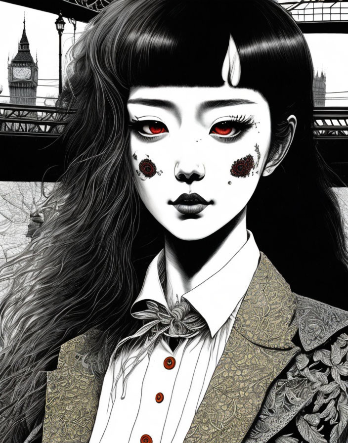 Monochromatic illustration featuring girl with red eyes, London's Big Ben, bridge, delicate patterns.