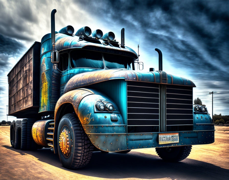 Vintage Blue Semi Truck with Chrome Accents Under Dramatic Sky