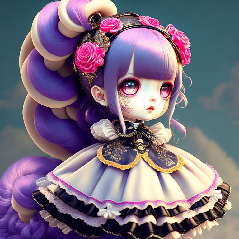 Character with Large Purple Eyes and Lilac Hair in Gothic Lolita Dress